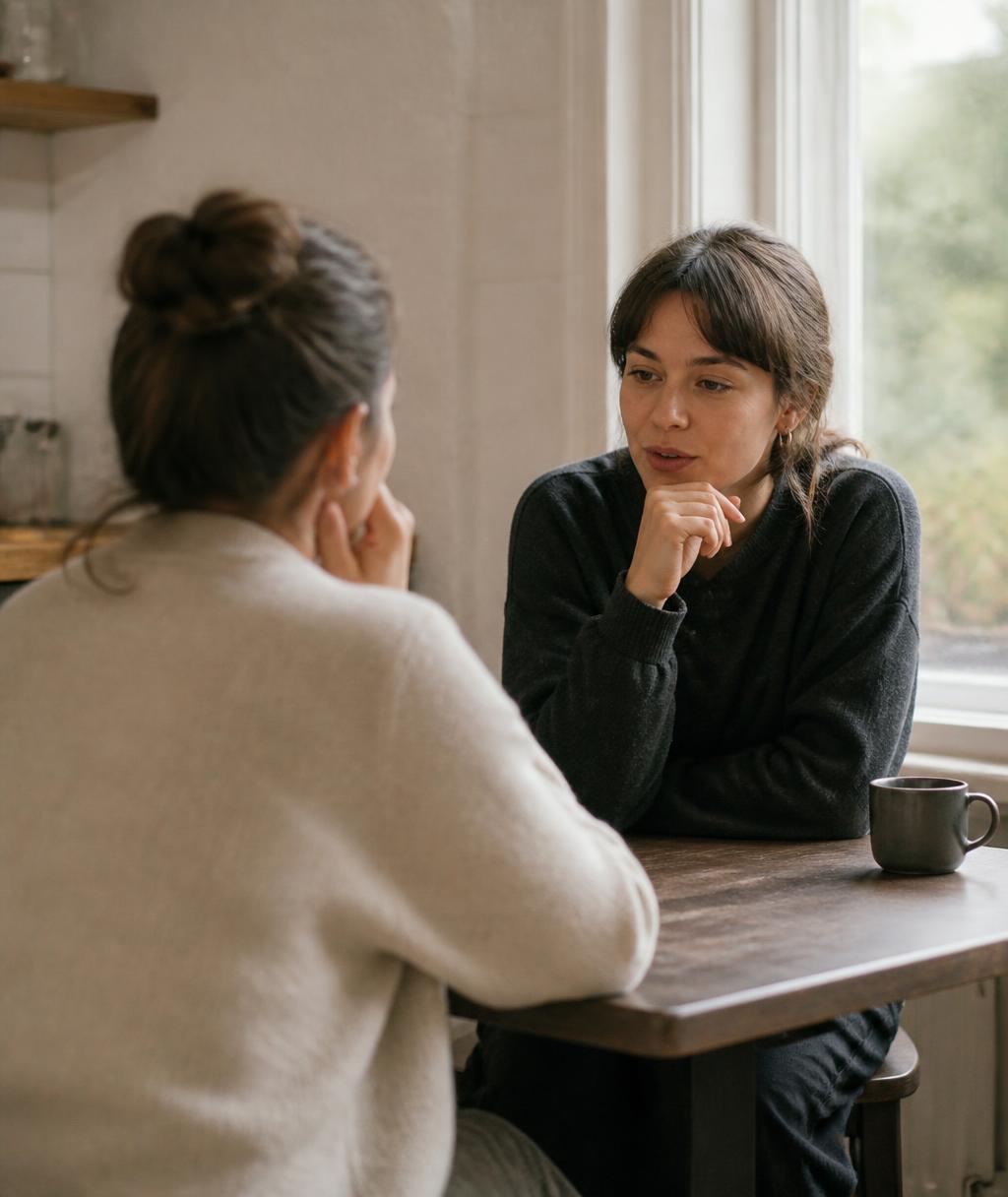 Twee mensen in gesprek aan een tafel bij het raam