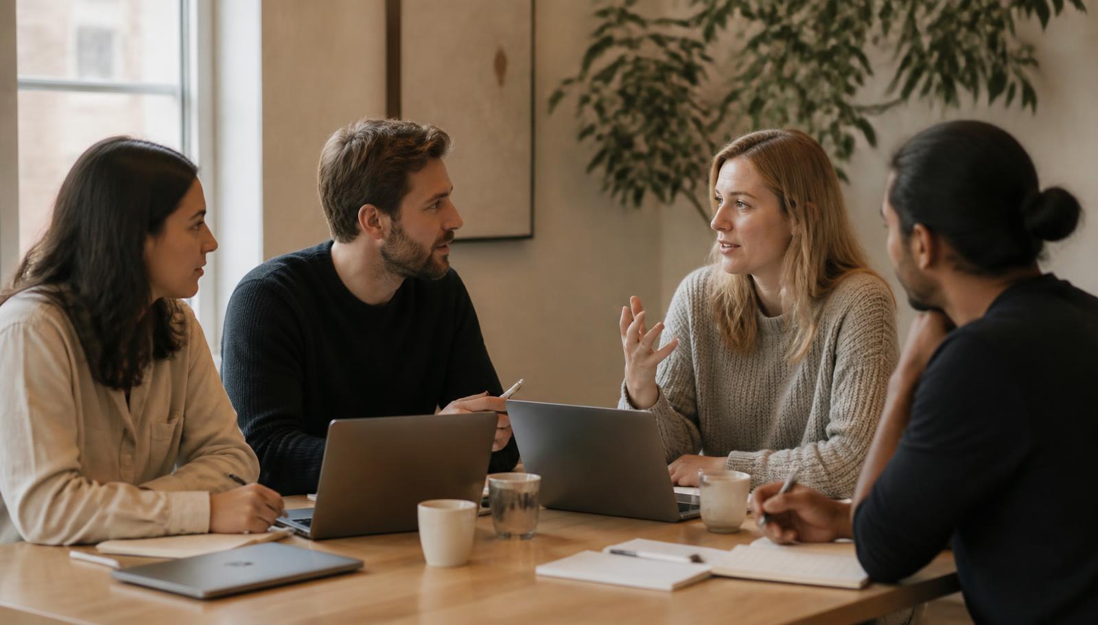 Vier collega's in overleg aan een tafel